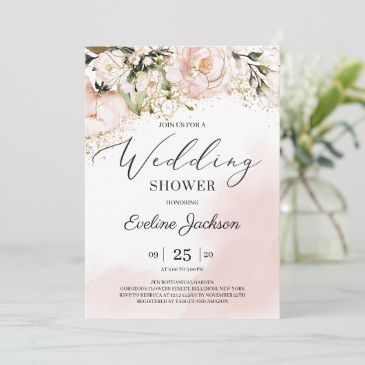 Rosa blütenrosa Glitzer Polterabend Einladung (Stehend Vorderseite)