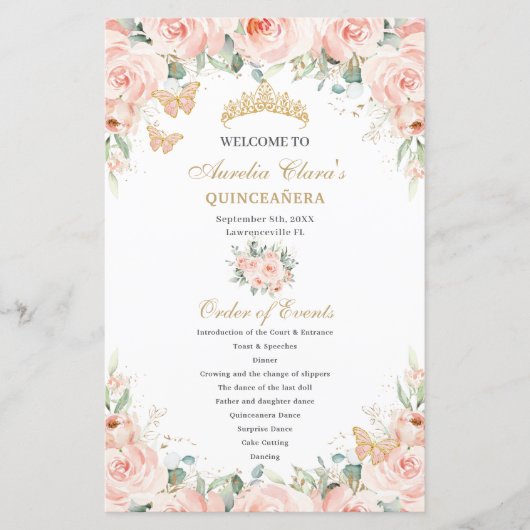 Rosa Blütenrosa Goldene Quinceñera Padrinos Verans (Vorderseite)