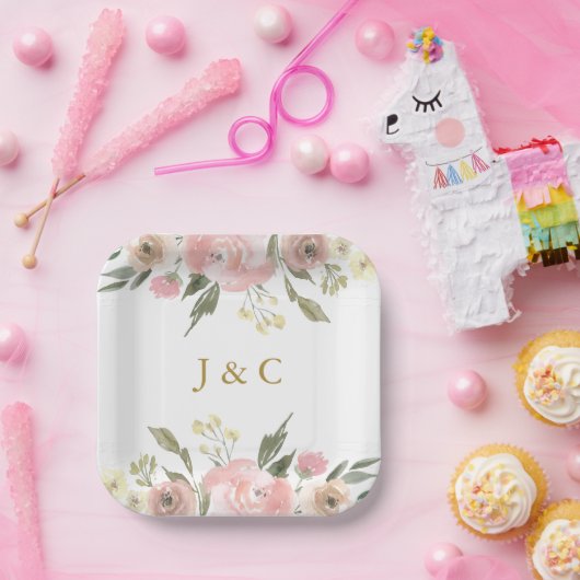 Rosa Blütenrosa-Monogramm-Hochzeit Pappteller (Party)