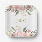 Rosa Blütenrosa-Monogramm-Hochzeit Pappteller (Vorderseite)