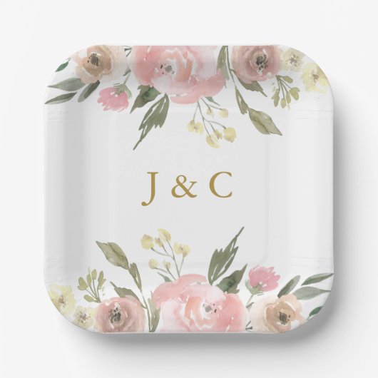 Rosa Blütenrosa-Monogramm-Hochzeit Pappteller (Vorderseite)