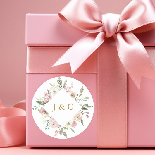 Rosa Blütenrosa-Monogramm-Hochzeit Runder Aufkleber