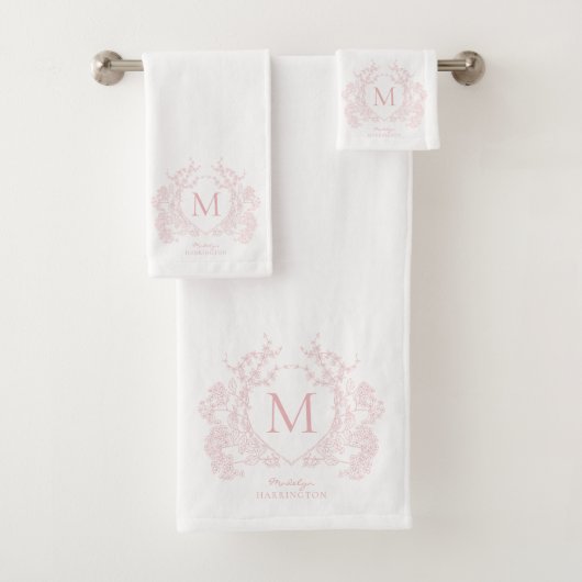 Rosa blütenrosa Wappen Monogramm Badhandtuch Set (Insitu)