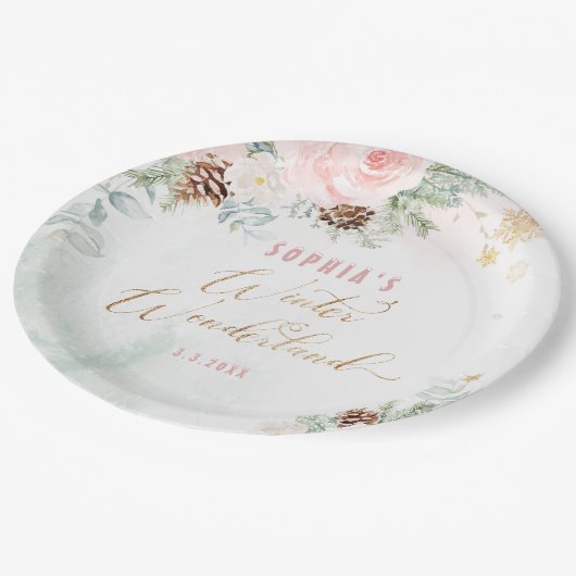 Rosa blütenrosa Winterwunderland Geburtshaus Pappteller (Schrägansicht)