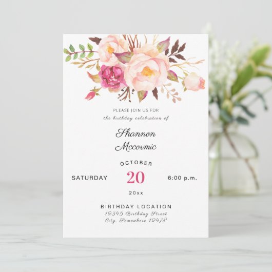 Rosa Blütenrot Blütengeburt Weiß Einladung (Stehend Vorderseite)