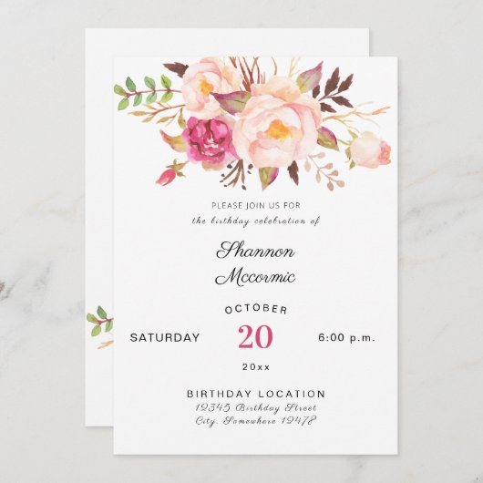 Rosa Blütenrot Blütengeburt Weiß Einladung (Vorne/Hinten)