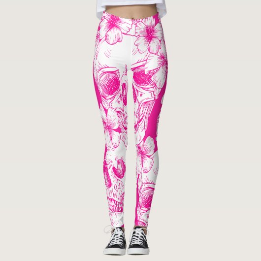 Rosa Blütenschädel Leggings (Vorderseite)