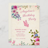 Rosa Blütenschmetterling Geburtstag Einladung (Vorne/Hinten)