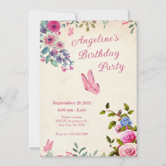 Rosa Blütenschmetterling Geburtstag Einladung