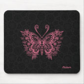 Rosa Blütenschmetterling in Schwarz Mousepad (Vorne)