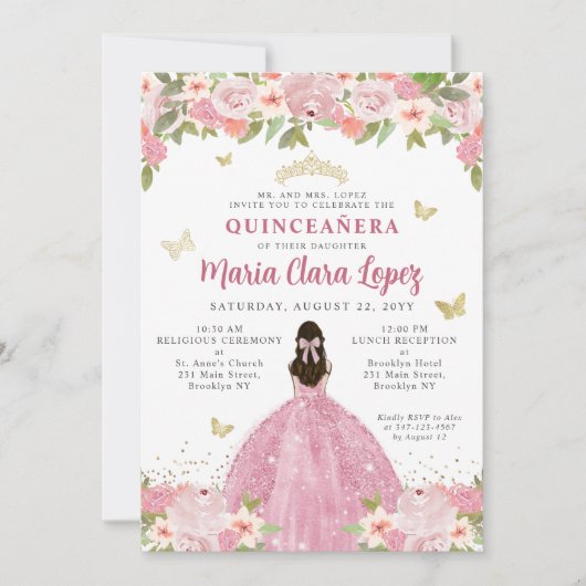 Rosa Blütenschmetterling Princess Quinceanera Einladung (Vorderseite)