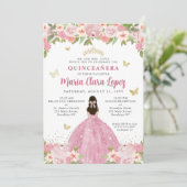 Rosa Blütenschmetterling Princess Quinceanera Einladung (Stehend Vorderseite)