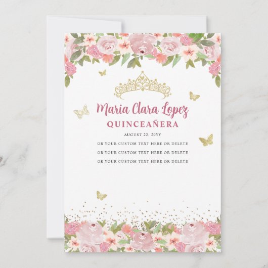 Rosa Blütenschmetterling Princess Quinceanera Einladung (Rückseite)