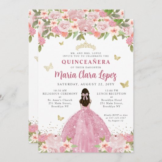 Rosa Blütenschmetterling Princess Quinceanera Einladung (Vorne/Hinten)