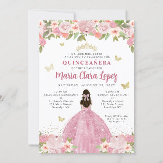 Rosa Blütenschmetterling Princess Quinceanera Einladung