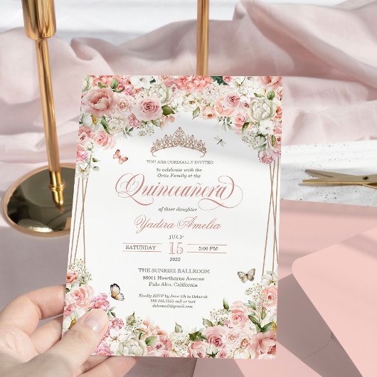 Rosa Blütenschmetterling Quinceanera Einladung