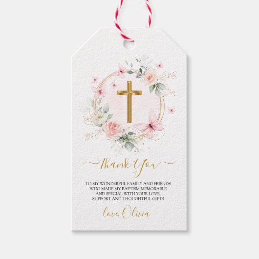 Rosa Blütenschmetterling-Taufe Geschenkanhänger (Vorderseite)