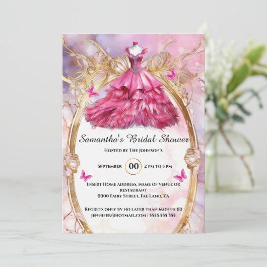 Rosa Blütenschmetterlingsbraut als Bridal Einladung (Stehend Vorderseite)