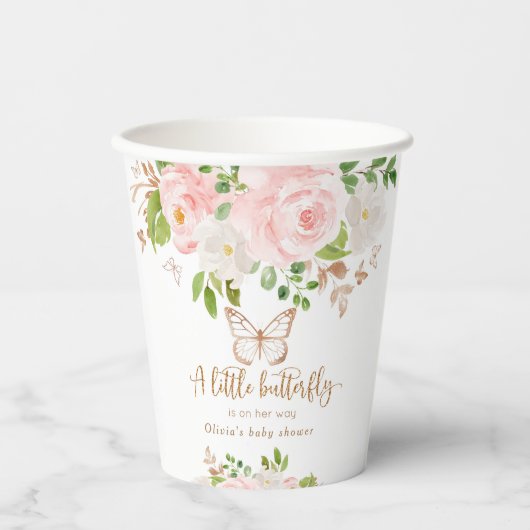 Rosa Blütenschmetterlingsdusche Pappbecher (Vorderseite)
