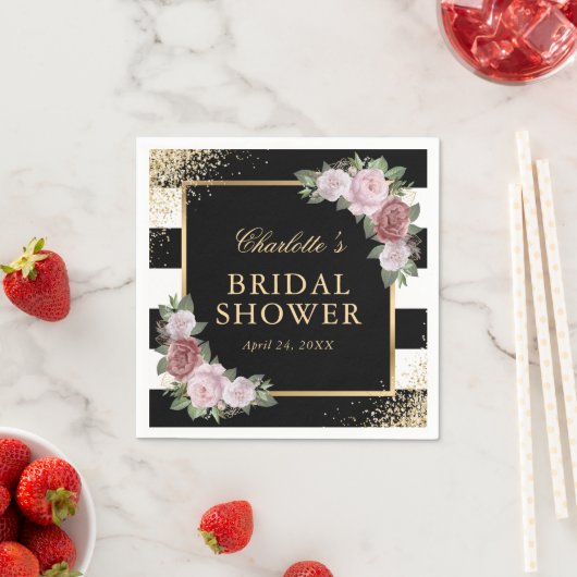 Rosa Blütenschwarz und goldenes Brautparty Serviette (Beispiel)