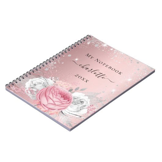 Rosa Blütensilber-Glitzer-Staubzettel Notizblock (Linke Seite)