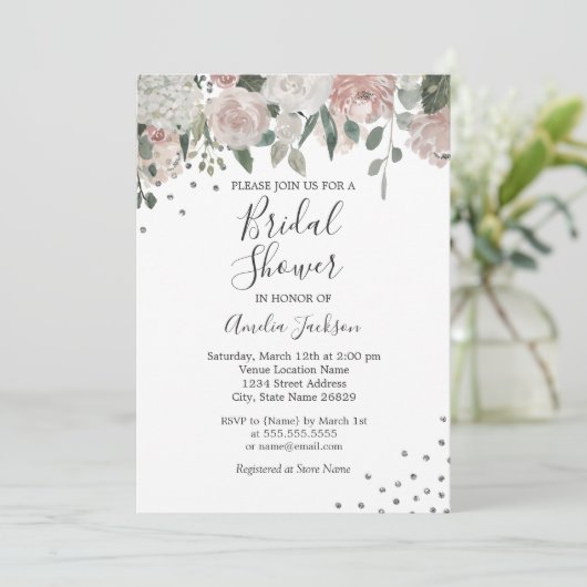 Rosa Blütensilber Wasserfarben Brautparty Einladung (Stehend Vorderseite)