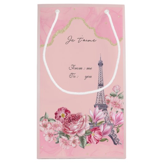 Rosa Blütenstadt Paris Je T'aime Eiffel Tower Kleine Geschenktüte (Rückseite)