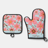 Rosa Blütenstimmung - Pastel Vibes-Retro Blume Ofenhandschuh & Topflappen-Set (Vorderseite)