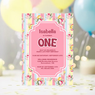 Rosa Blütenstreifen 1. Geburtstag Party Einladung