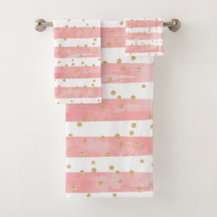 Rosa Blütenstreifen Imitate Gold Confetti Badhandtuch Set