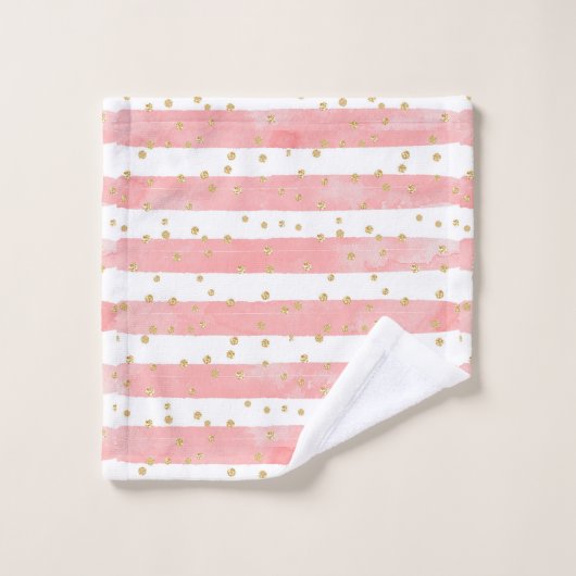 Rosa Blütenstreifen | Imitate Gold Confetti Badhandtuch Set (Waschlappen)