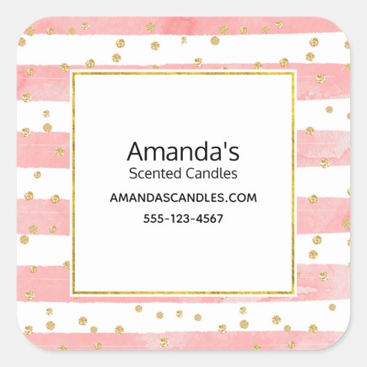 Rosa Blütenstreifen | Imitate Gold Confetti Busine Quadratischer Aufkleber (Vorderseite)