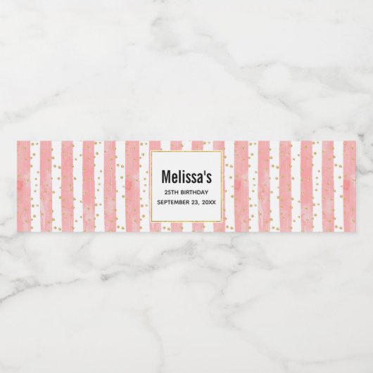 Rosa Blütenstreifen | Imitate Gold Confetti Geburt Wasserflaschenetikett (Einzelnes Label)