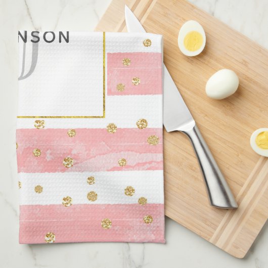 Rosa Blütenstreifen | Imitate Gold Confetti Monogr Geschirrtuch (Viertel Falte)