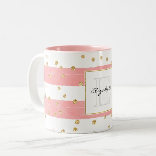 Rosa Blütenstreifen | Imitate Gold Confetti Monogr Zweifarbige Tasse (Vorderseite Links)