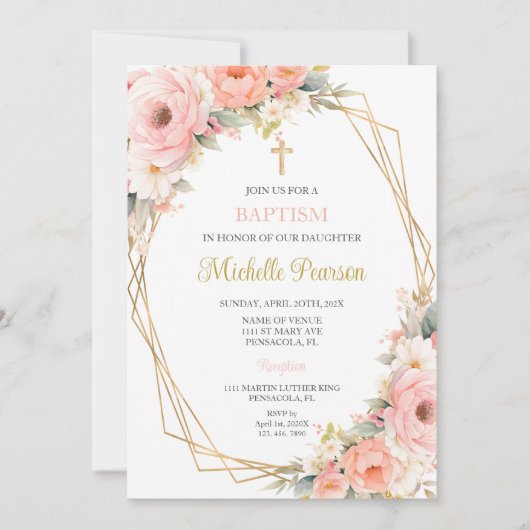 Rosa Blütentaufe Einladung (Vorderseite)