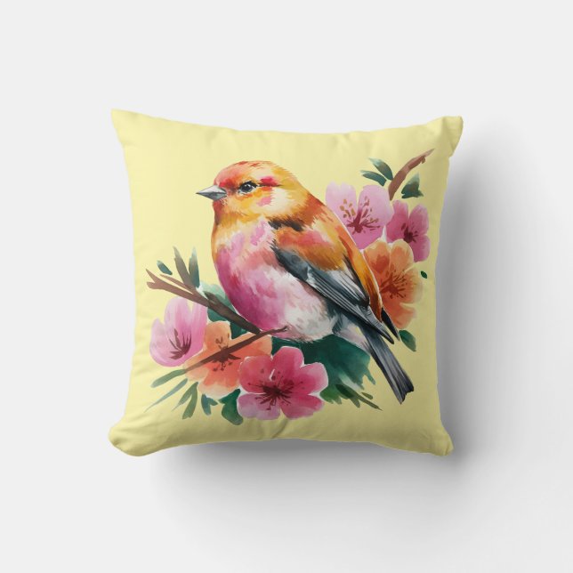 Rosa Blütenvogel Kissen (Vorderseite)