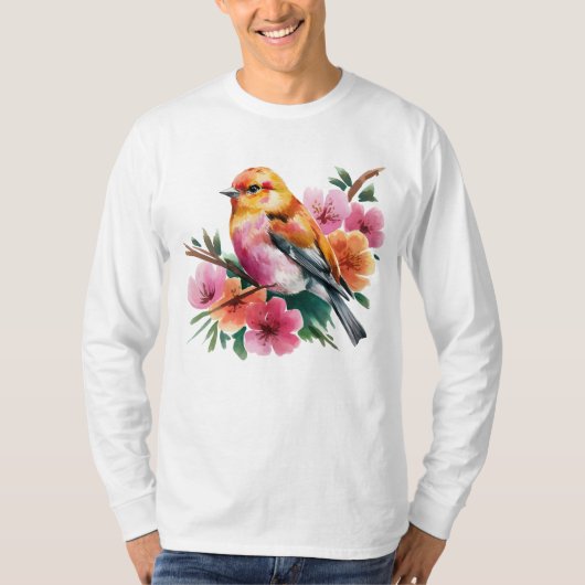 Rosa Blütenvogel T-Shirt (Vorderseite)