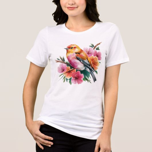 Rosa Blütenvogel Tri-Blend Shirt (Vorderseite)