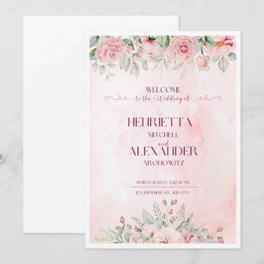 Rosa Blütenvorlage, bearbeitbare Einladung (Vorne/Hinten)