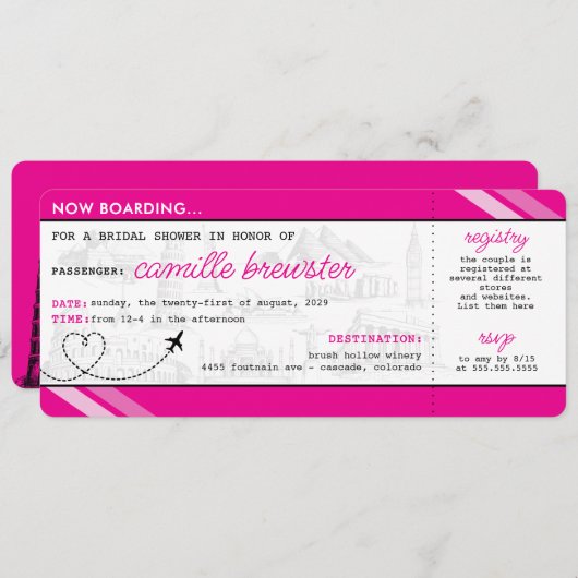 Rosa Boarding Pass Brautparty Einladung (Vorne/Hinten)