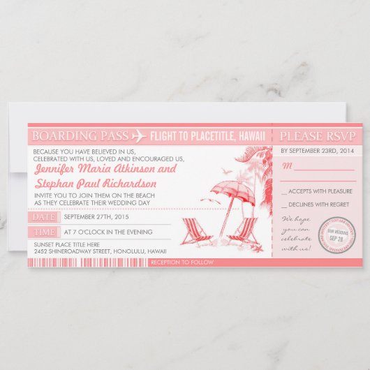 Rosa Boarding Pass Eintrittskarten Hochzeit Einlad Einladung (Vorderseite)