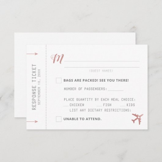 Rosa Boarding Pass Flugzeug Ticket Response RSVP K (Vorne/Hinten)