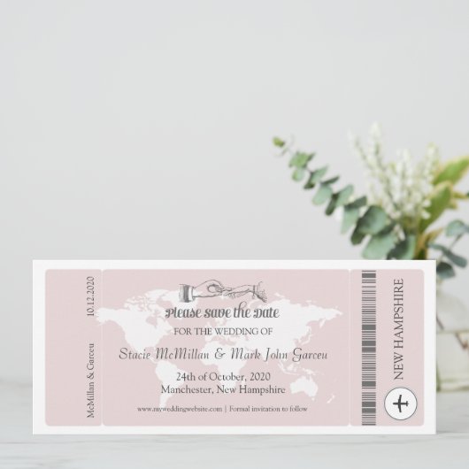 Rosa Boarding Pass Save the Date Einladung (Stehend Vorderseite)