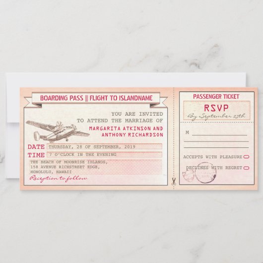 Rosa Boarding Pass Ticket Vintage Hochzeit lädt ei Einladung (Vorderseite)