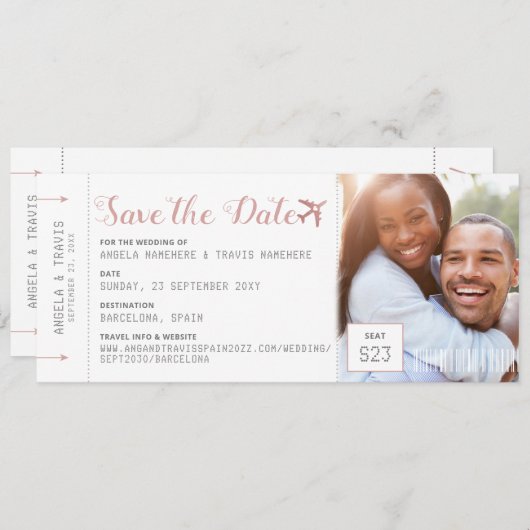 Rosa Boarding Pass Zielort Foto Save the Date (Vorne/Hinten)