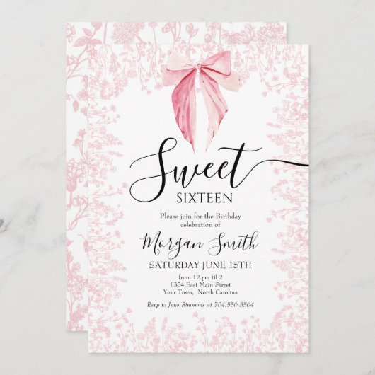 Rosa Bogen 16 . Geburtstag Geburtstag Einladung (Vorne/Hinten)