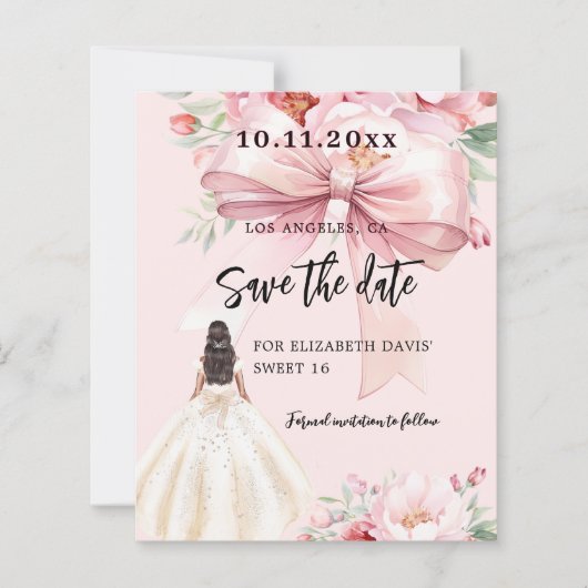 Rosa Bogen Blumenkleid Sweet 16 Save the Date Kart (Vorderseite)