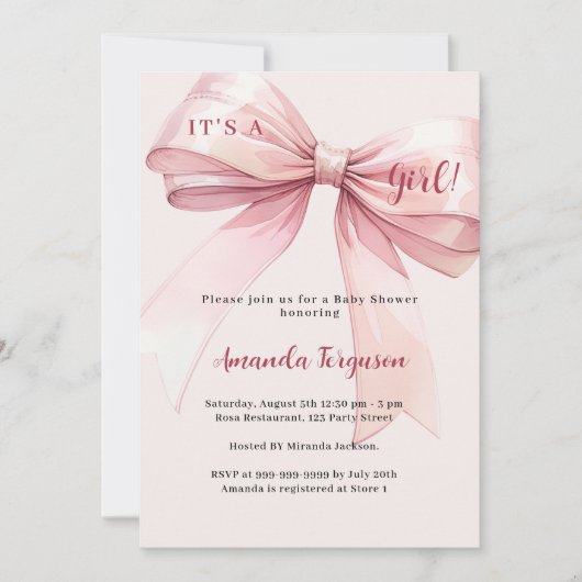 Rosa Bogen ist ein Mädchen-Dusche Einladung (Vorderseite)