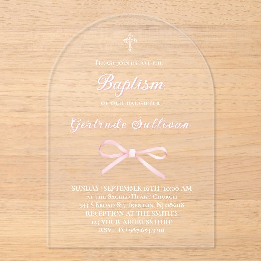 Rosa Bogen Taufe Acryleinladungen (Vorderseite)